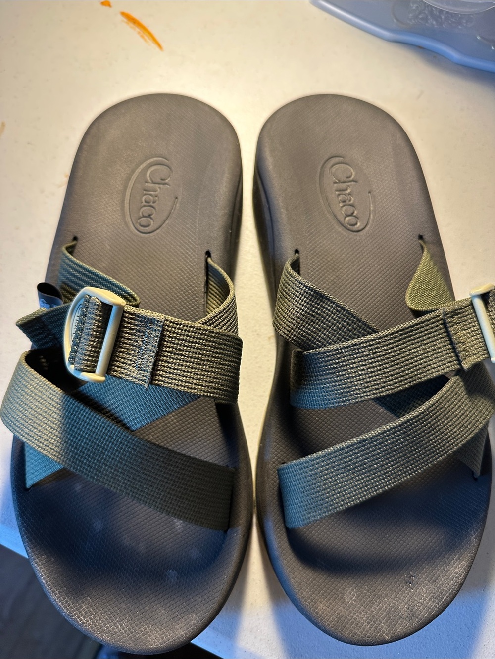 Chaco Olive Green Strapped Slide Sandals with Dark Gray Footbed